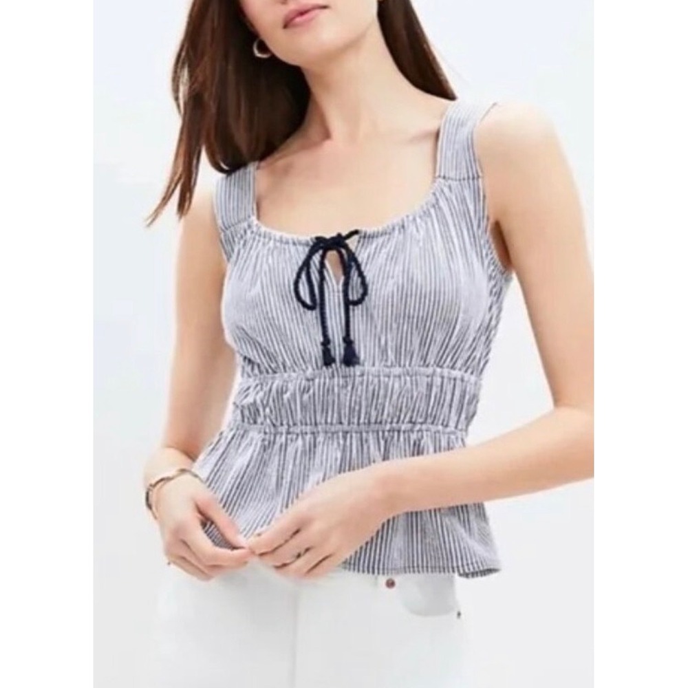 LOFT Blue Stripe Cinched Waist Sleeveless Top Medium